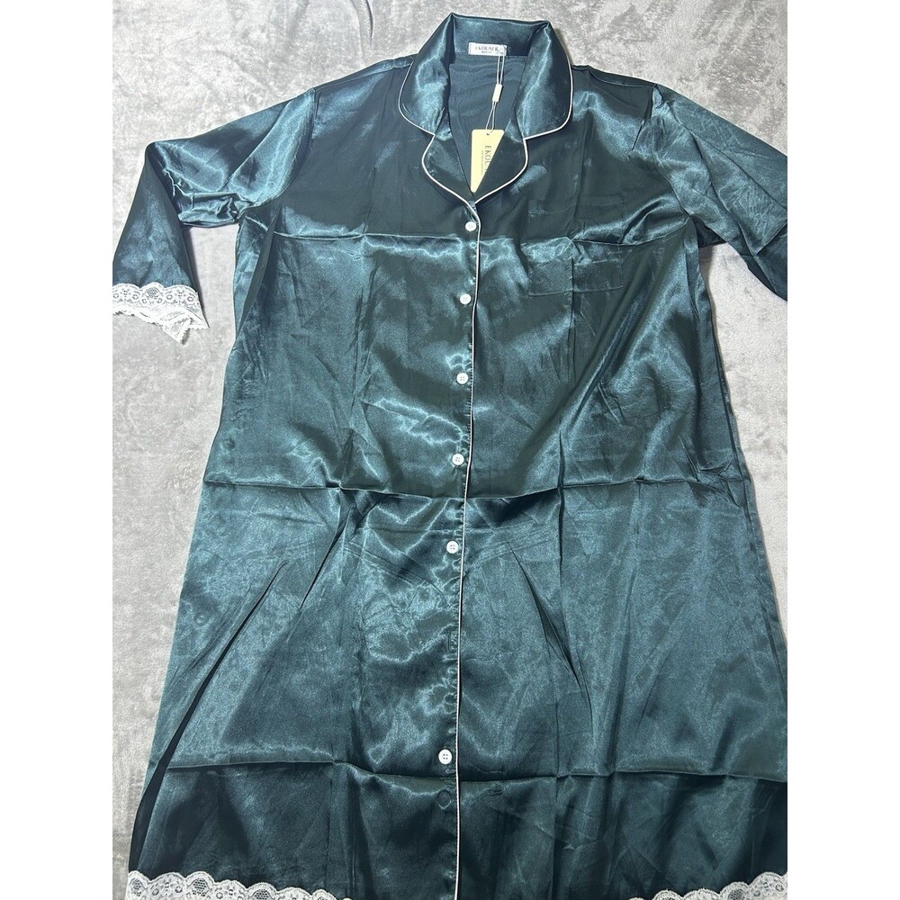 Ekouaer Satin Pajama Nightgown Womens XXL Dark Green Sleep Shirt NWT Button